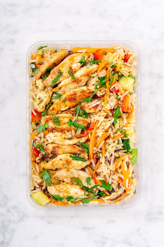 Dinde curry & riz sauté aux légumes