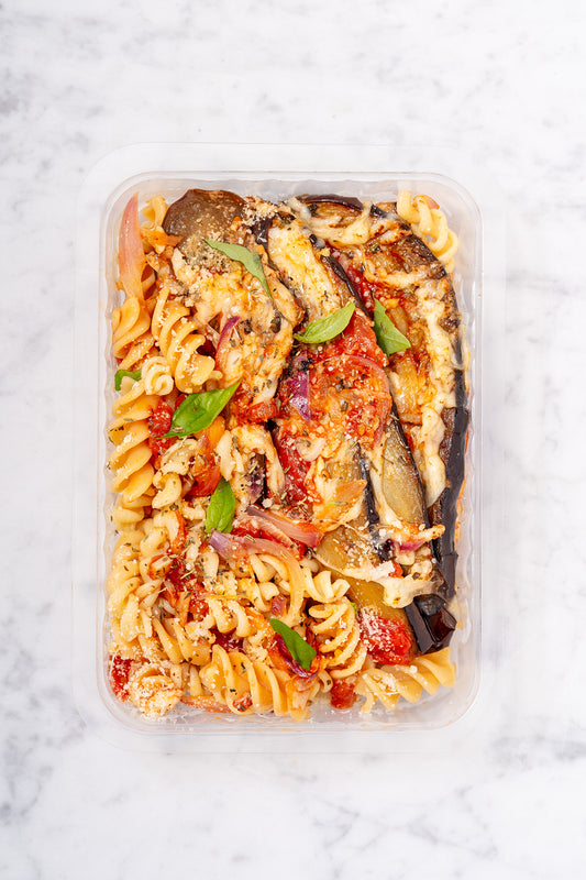 Aubergines parmigiana & pâtes aux lentilles